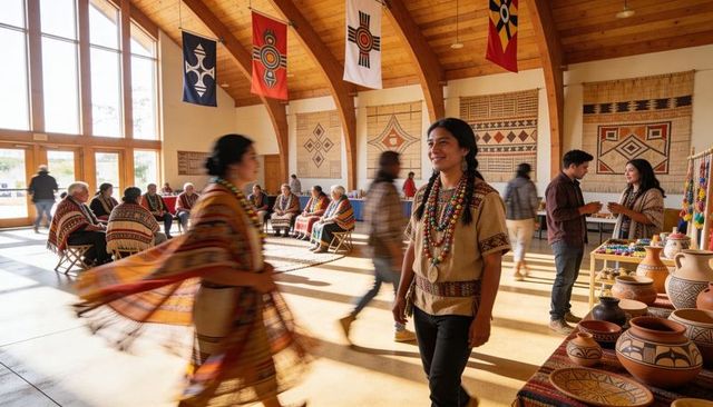 Smiling native woman wearing bead necklaces and woven tunic in artisan community hall