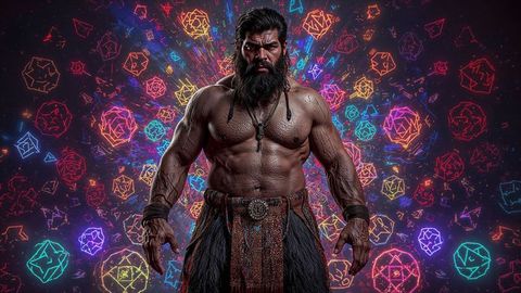 Epic bearded caveman warrior amidst glowing polyhedral shapes