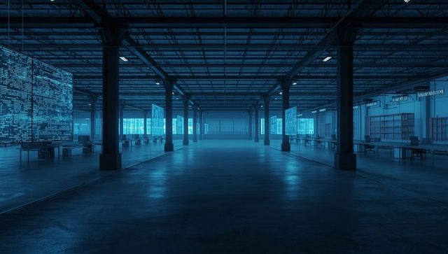 Futuristic Industrial Space with Digital Code Displays