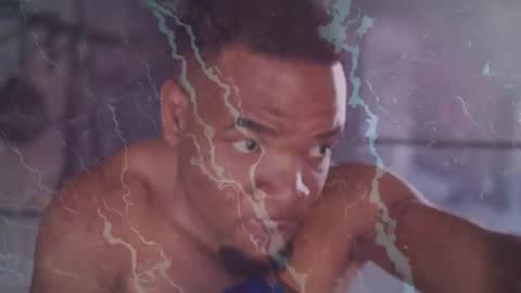 Boxer Throwing Jabs in Gym with Blue Wraps and Lightning Overlay Fueling Intense Training