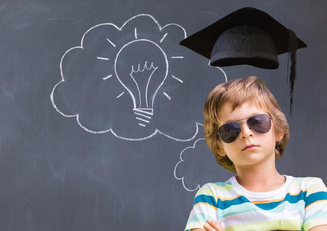Digital composition of boy with graduation cap against light bulb on blackboard
