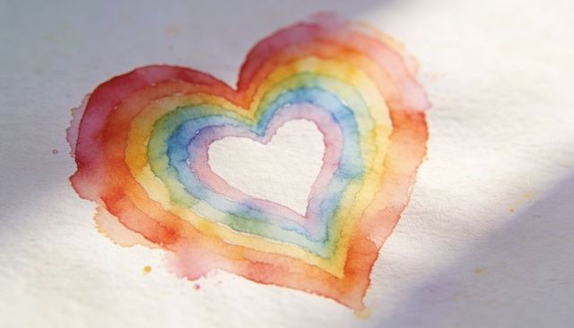 Handpainted watercolor rainbow heart with concentric rings on coldpress paper pastel bleed