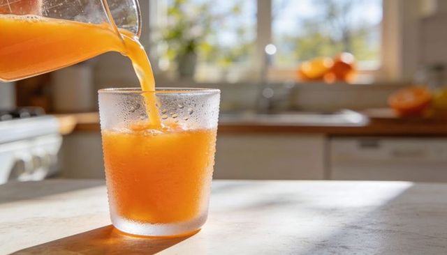 Pouring fresh orange juice into frosted glass on sunlit kitchen countertop morning light