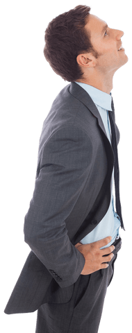 Cheerful Transparent Businessman Standing with Hands on Hips