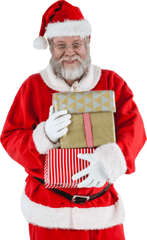 Transparent Background Santa Claus Holding Christmas Gifts