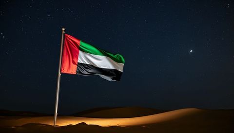 Uae flag waving over moonlit desert dunes under crescent moon and starry sky