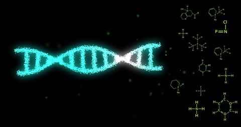 Glowing DNA Strand with Chemical Formulas for Genetic Research