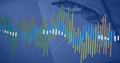 Multicolored data visualization on wooden desk for insightful analysis