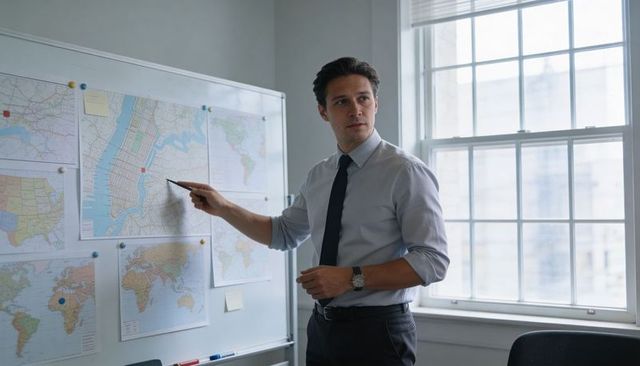 Businessman pointing at city map on whiteboard presenting urban planning strategy in office