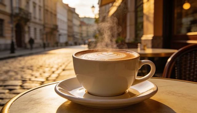 Steaming latte with rosetta art on golden-hour cobblestone cafe terrace