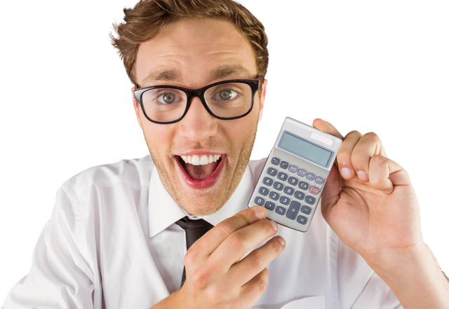 Geeky Man Excitedly Displaying Calculator on Transparent Background - Download Free Stock Videos Pikwizard.com