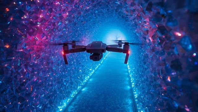 Hovering drone navigating neon crystal tunnel with glowing led trail, cyberpunk flight