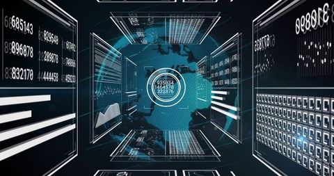 Rotating Holographic Globe in 3D Analytics Cockpit with Floating Data Panels and Neon UI