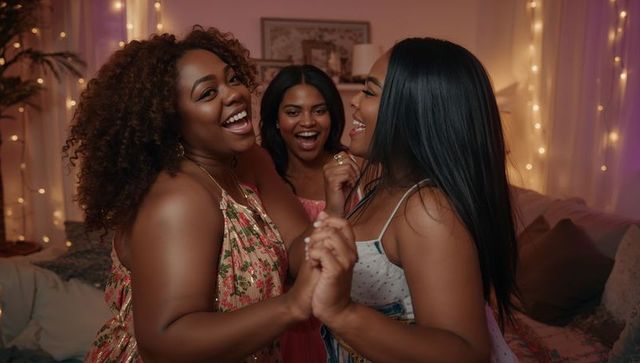 Three friends laughing and dancing in cozy bedroom with string lights and warm party vibe