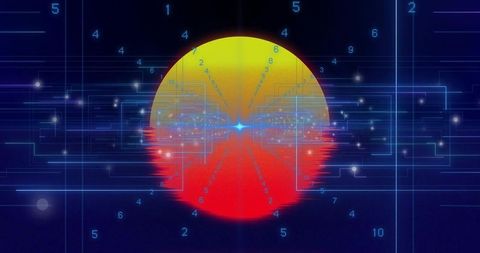 Futuristic Cybernetic Sphere with Neon Glitches and Numeric Digits