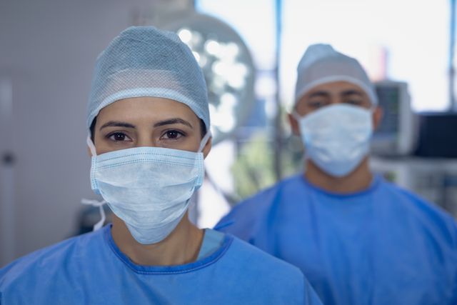 Portrait of surgeons standing in operating room at hospital