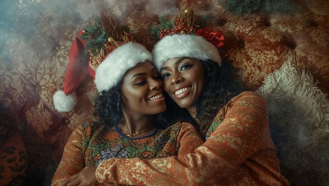 Festive couple relaxing in holiday spirit with santa hats and warm smiles