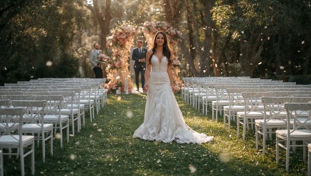 Bride walking down outdoor aisle through falling petals under floral arch, garden wedding