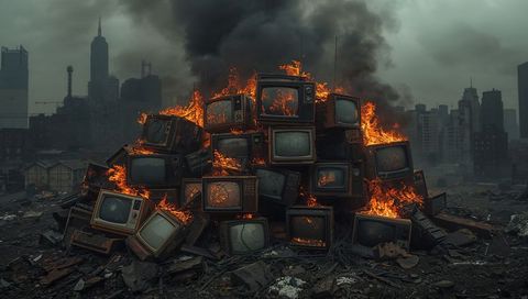 Burning CRT TVs Symbolize Urban Decay and Pollution