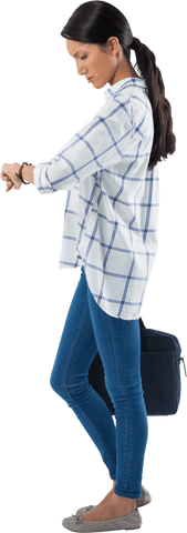 Businesswoman checking watch standing transparent background