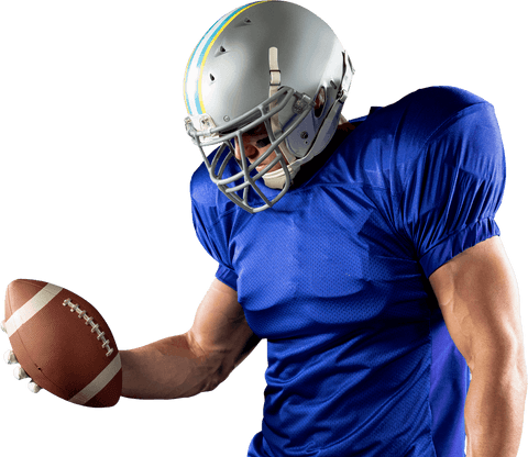 Buff football player holding ball on transparent background