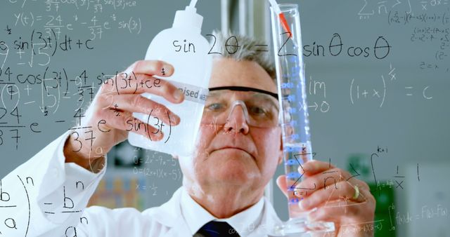 Image of mathematical equations on caucasian male scientist performing experiment at laboratory. Medical research and science technology concept