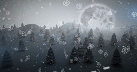 Snowy Winter Landscape with Full Moon and Falling Snowflakes
