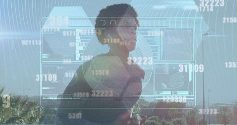 Digital Data Overlay on Athletic Biracial Runner in Motion