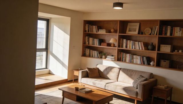 Sunlit cozy living room basking in warm light with beige sofa and built-in bookshelf