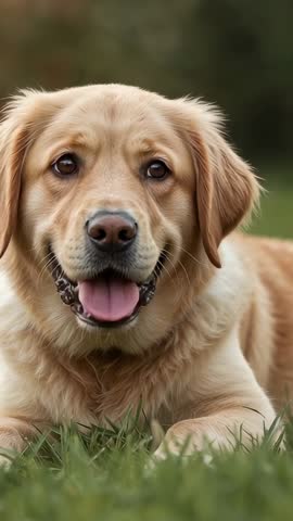 Golden Retriever Lying and Panting on Grass in Park Vertical Video for Pet Content