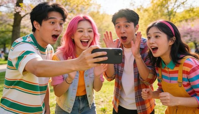 Friends taking surprised selfie in sunny park showing colorful outfits, joyful reaction