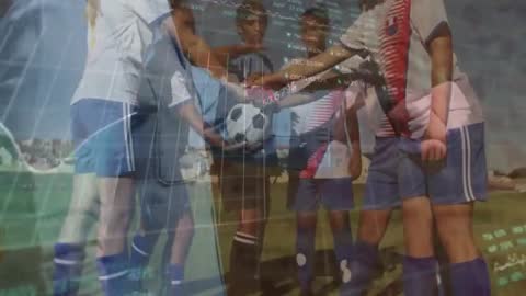 Youth Soccer Team Huddling with Data Processing Overlay