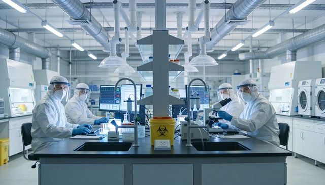 Research team conducting biocontainment lab work with full ppe, microscopy, monitoring