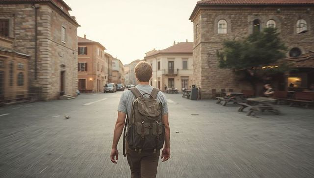 Backpacker Walking Through Historic European Town Square at Sunset Carrying Olive Backpack