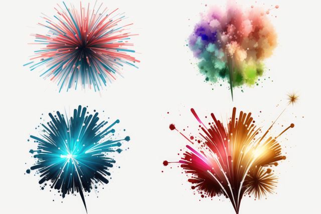 Vector illustrations of digital fireworks in various colors and designs. Great for use in celebratory events, holiday cards, festive marketing materials, and digital graphics to convey excitement and joy.