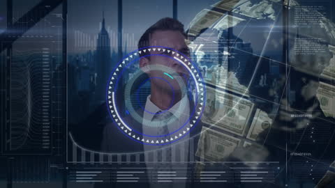Futuristic Data Overlay with Businessman in Virtual City
