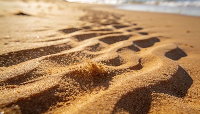 Glittering golden sand ridges catching sunlight on windswept beach at golden hour