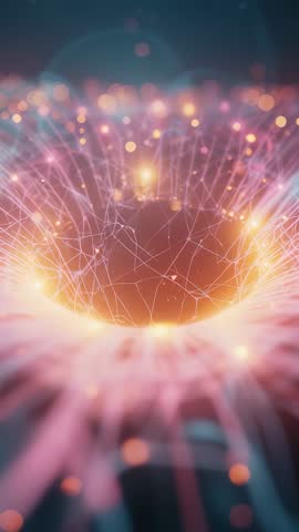 Vertical neon mesh vortex loopable video, pulsing particles and bokeh, futuristic energy