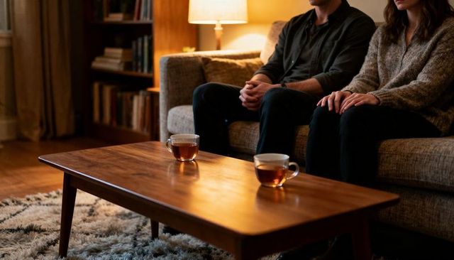 Couple sitting on sofa with warm tea on wooden coffee table, cozy evening interior, soft lamp light