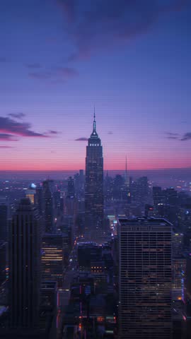 Vertical Aerial Video Featuring Empire State Building Towering Over Midtown at Dusk