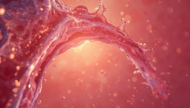 Translucent pink liquid splash curving into glowing arch, macro bokeh and droplets