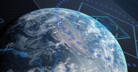 Global Network Visualization Showing Earth from Orbit with Futuristic HUD Overlays and Digital Grid
