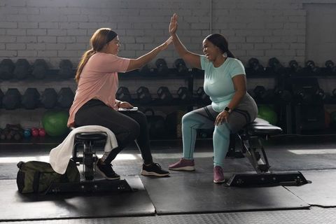 Women high-fiving on gym benches after strength training session