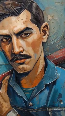 Vertical video sweeping across textured mural portrait centering on face of man in blue shirt