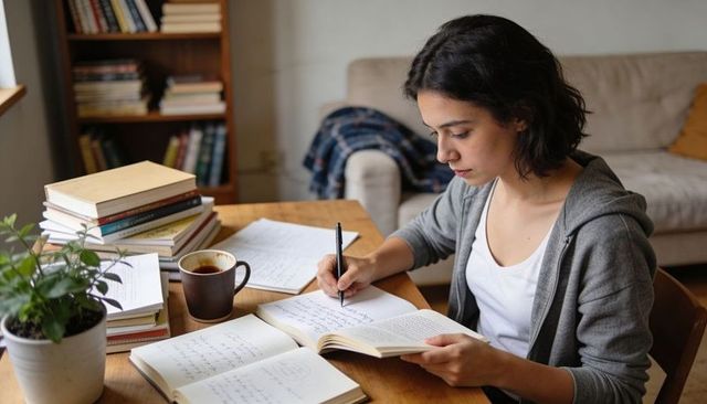 Young woman studying at home writing notes from open book on wooden desk with coffee
