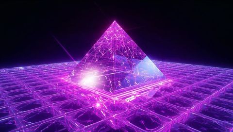 Holographic neon pyramid emitting electric arcs on glowing magenta grid for futuristic tech