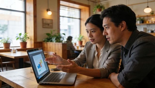 Professionals collaborating over laptop reviewing colorful bar chart in cozy cafe workspace