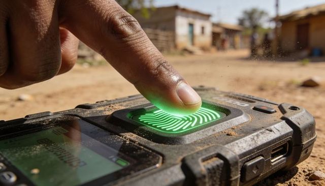 Pressing fingertip activating rugged biometric device on dusty rural road under sunlight