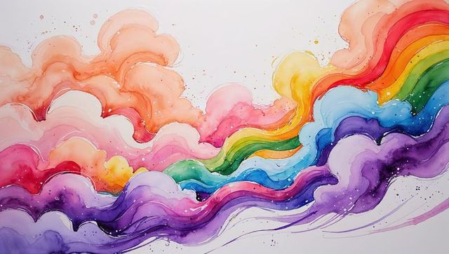 Vibrant rainbow watercolor waves in abstract flow