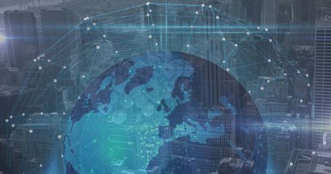 Digital Globe Over Metropolis Signifying Global Connectivity and Innovation